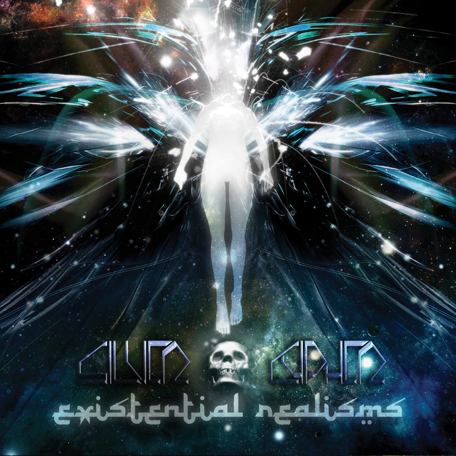 CD cover for a metal band, featuring an ethereal woman ascending into the stars